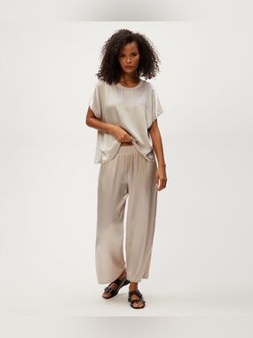 Michael Stars Cream Wide-Leg Satin Silky Pull On Pants Large